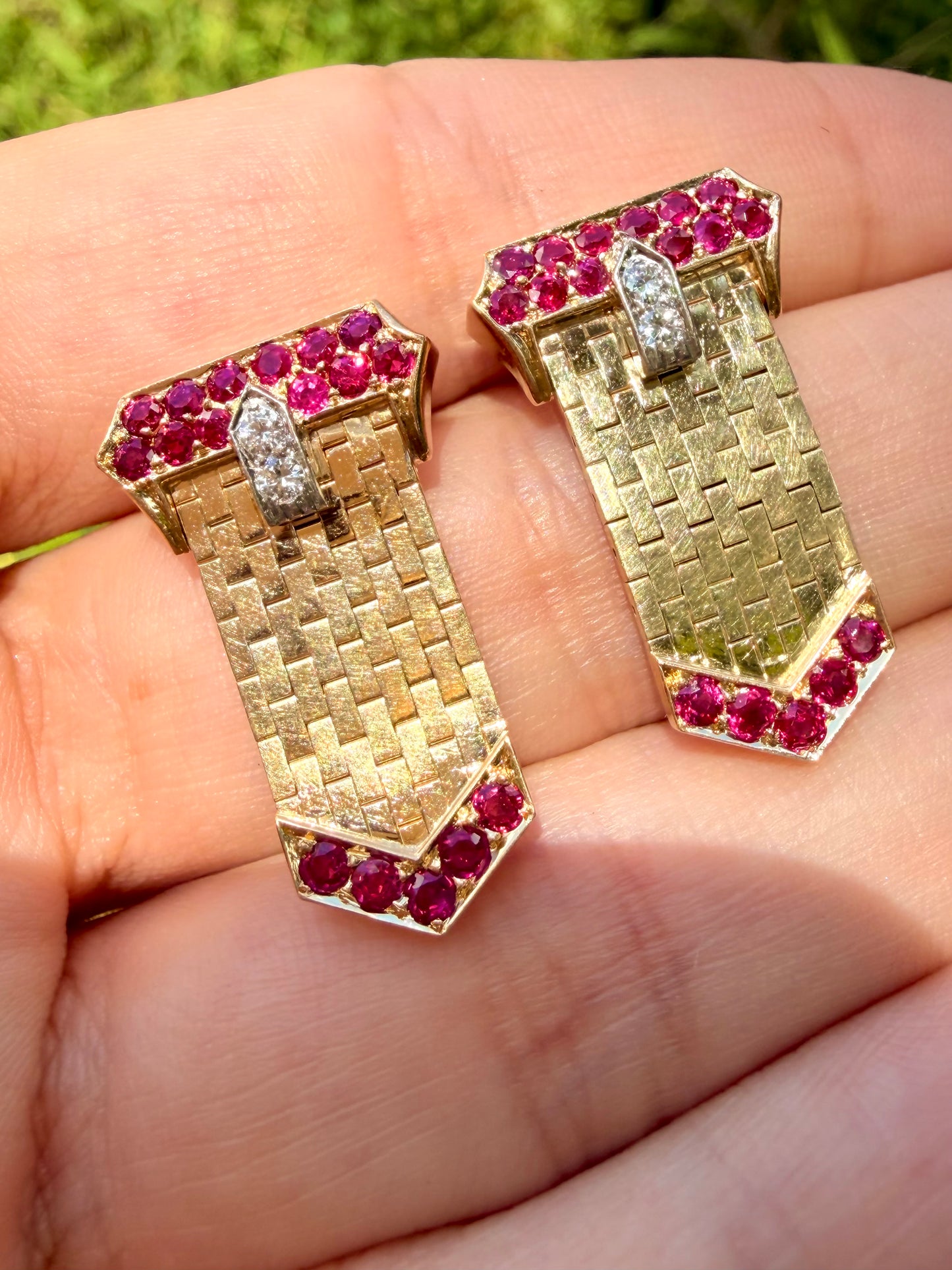 Vintage Retro era yellow 14K approx 1.4ctw natural ruby and .16ctw diamond belt buckle earrings with 18K posts