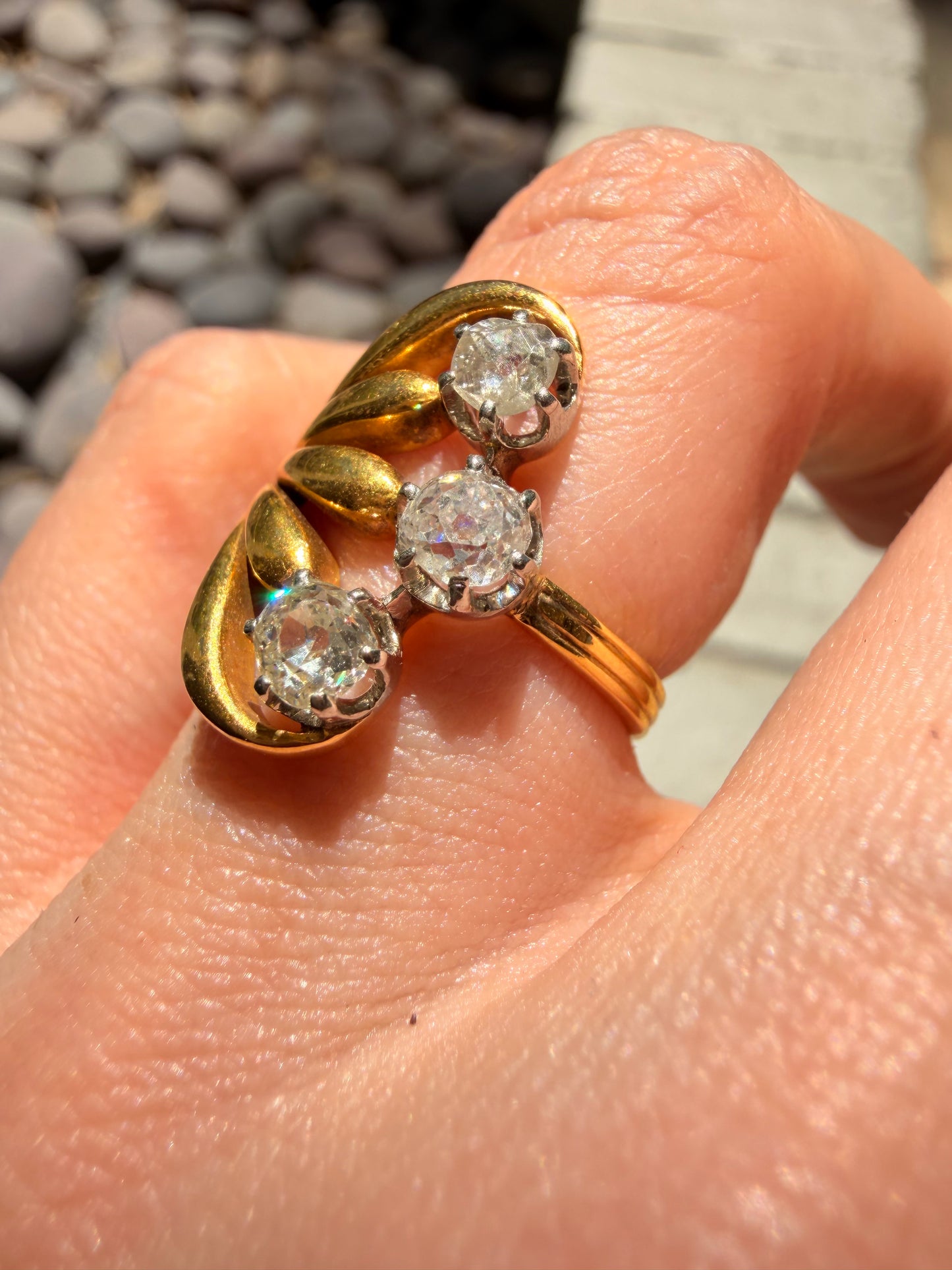 Vintage French yellow 18K approx .8ctw old mine cut diamond floral ring, size 6