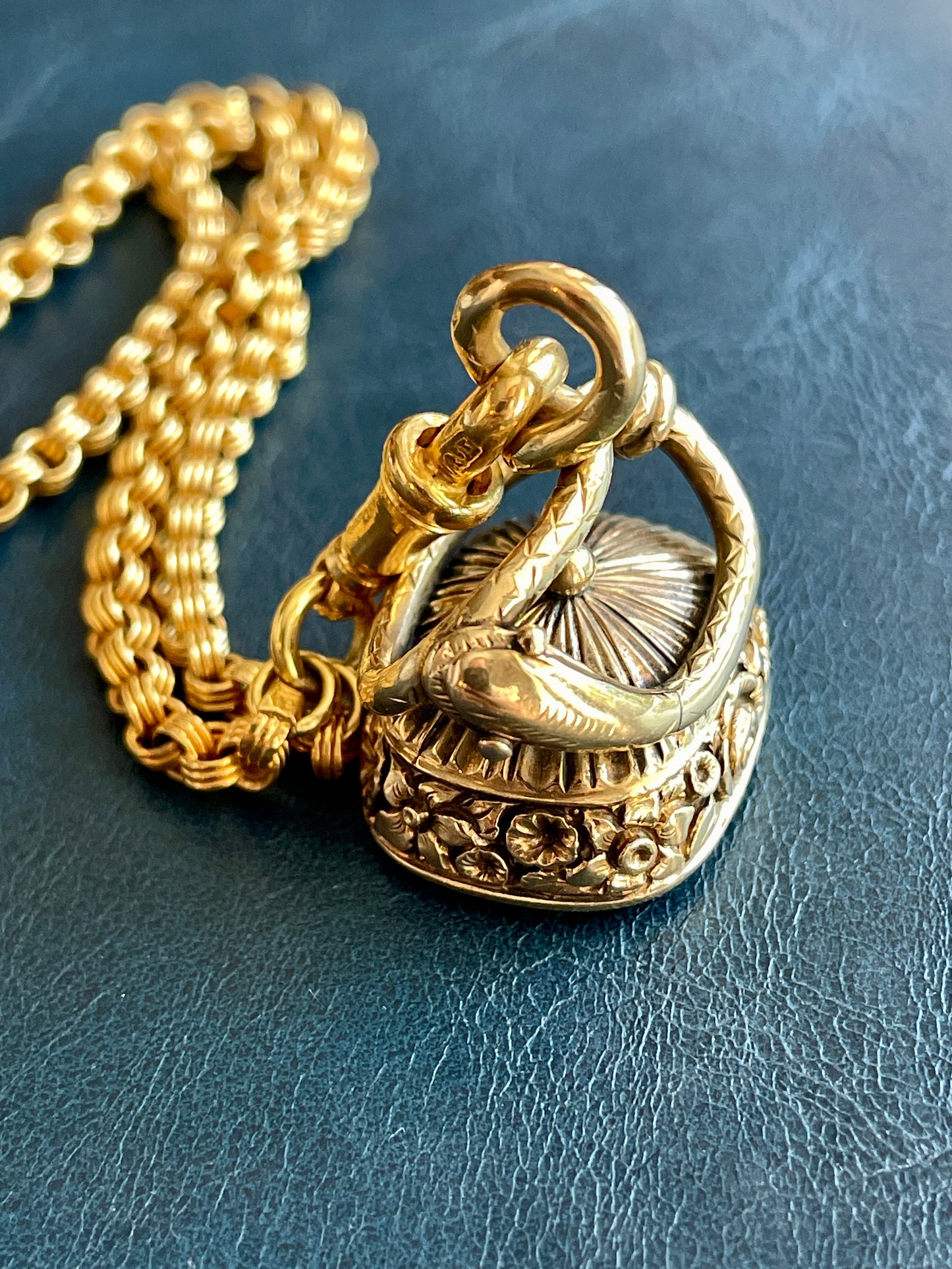 Antique yellow 18K triple rolo link watch chain with dog clip and bolt clasp, 23.5 inch