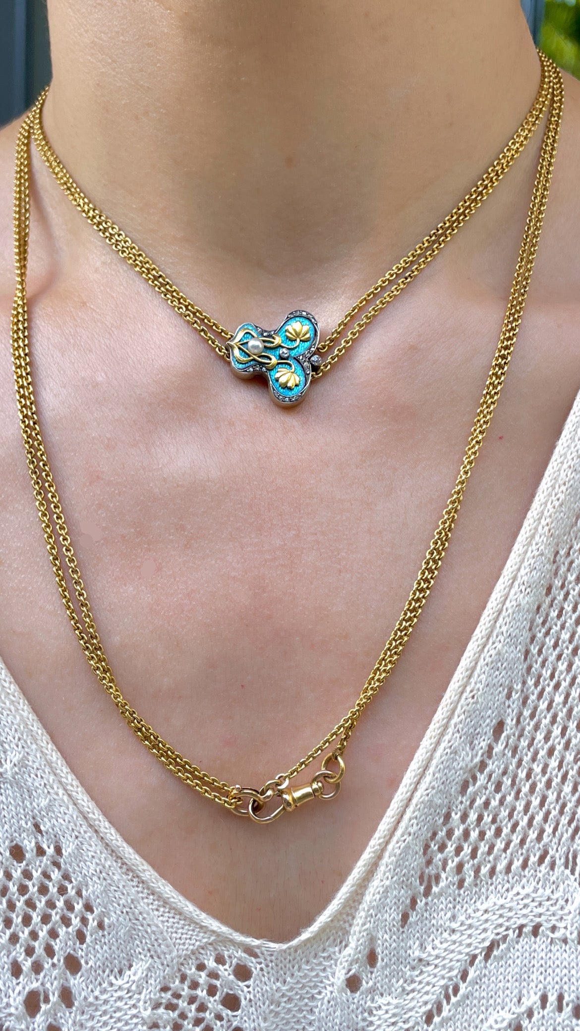 Antique 22K Art Nouveau longguard chain with 14K blue enamel butterfly slider with old mine cut diamonds, rose cut diamonds and pearl, with dog clip and bolt, 72 inch