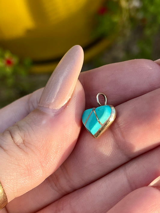 Vintage yellow 14K heart charm with turquoise