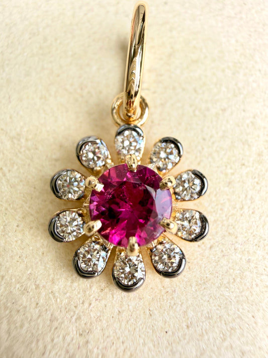 3GOG Natural Rubellite Tourmaline and Diamond Garden Party Flower Pendant 18K