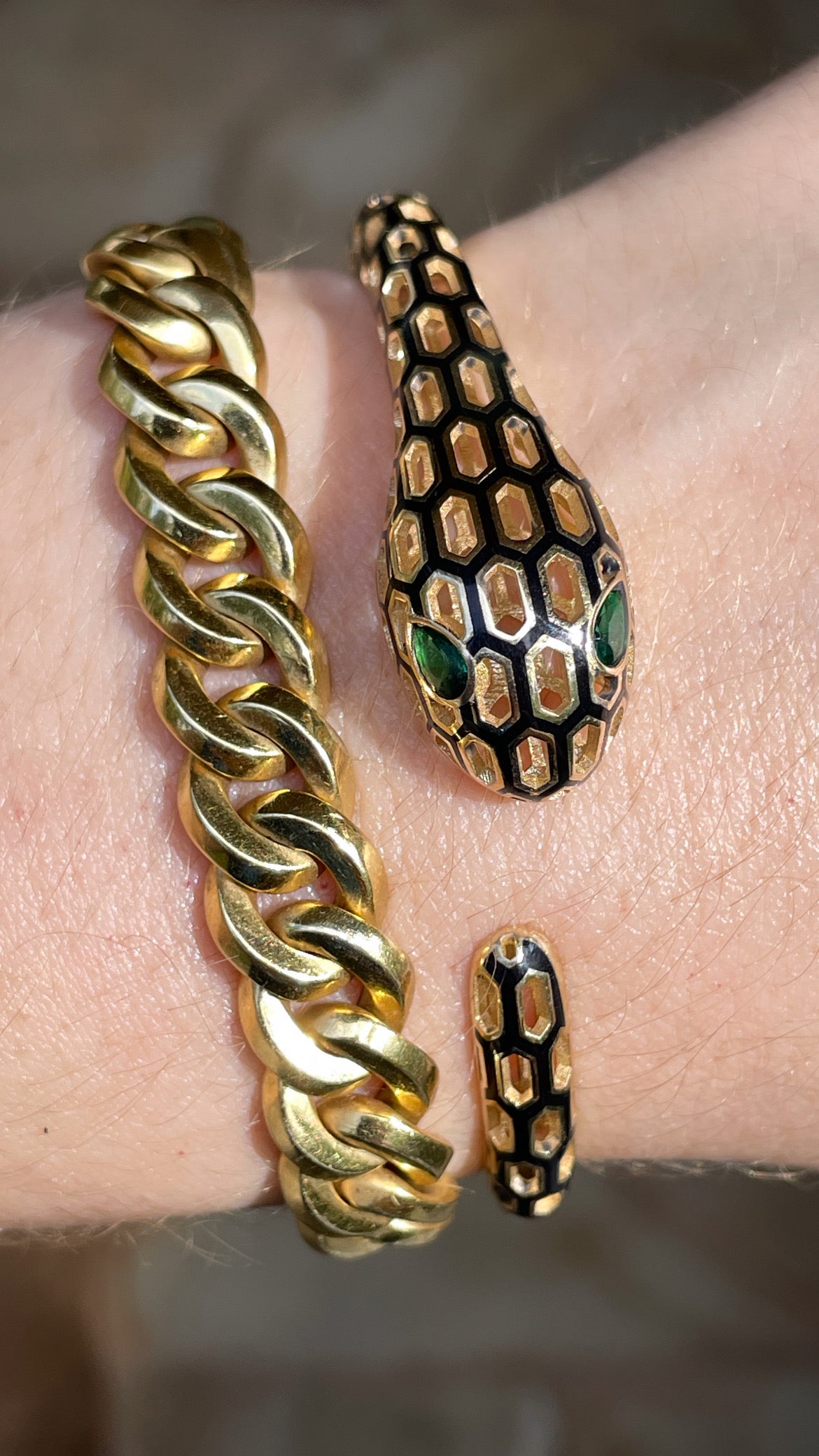 Yellow 14K black enamel and emerald snake hinge bangle