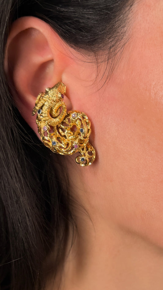 Vintage circa 1960s yellow 18K approx .6ctw sapphire and ruby ram clip statement earrings