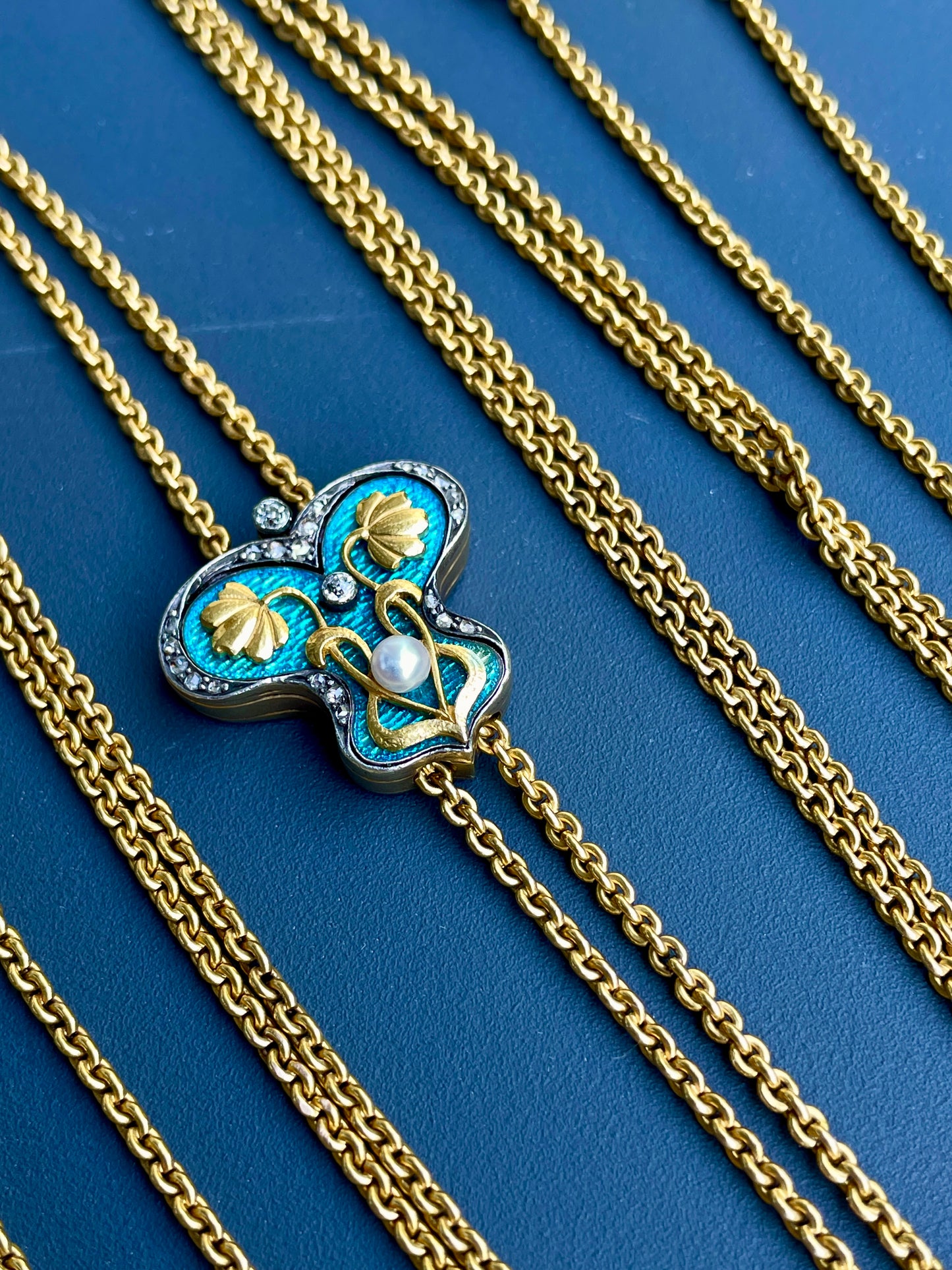 Antique 22K Art Nouveau longguard chain with 14K blue enamel butterfly slider with old mine cut diamonds, rose cut diamonds and pearl, with dog clip and bolt, 72 inch