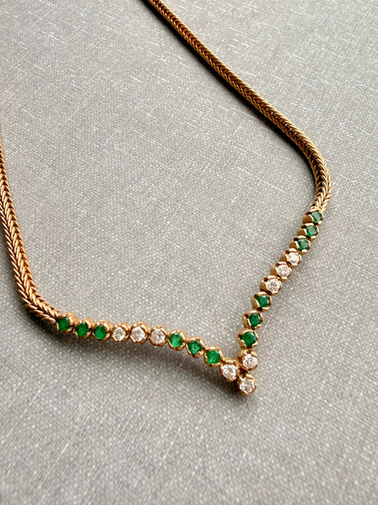 Vintage yellow 14K emerald and diamond chevron woven chain, 16 inch