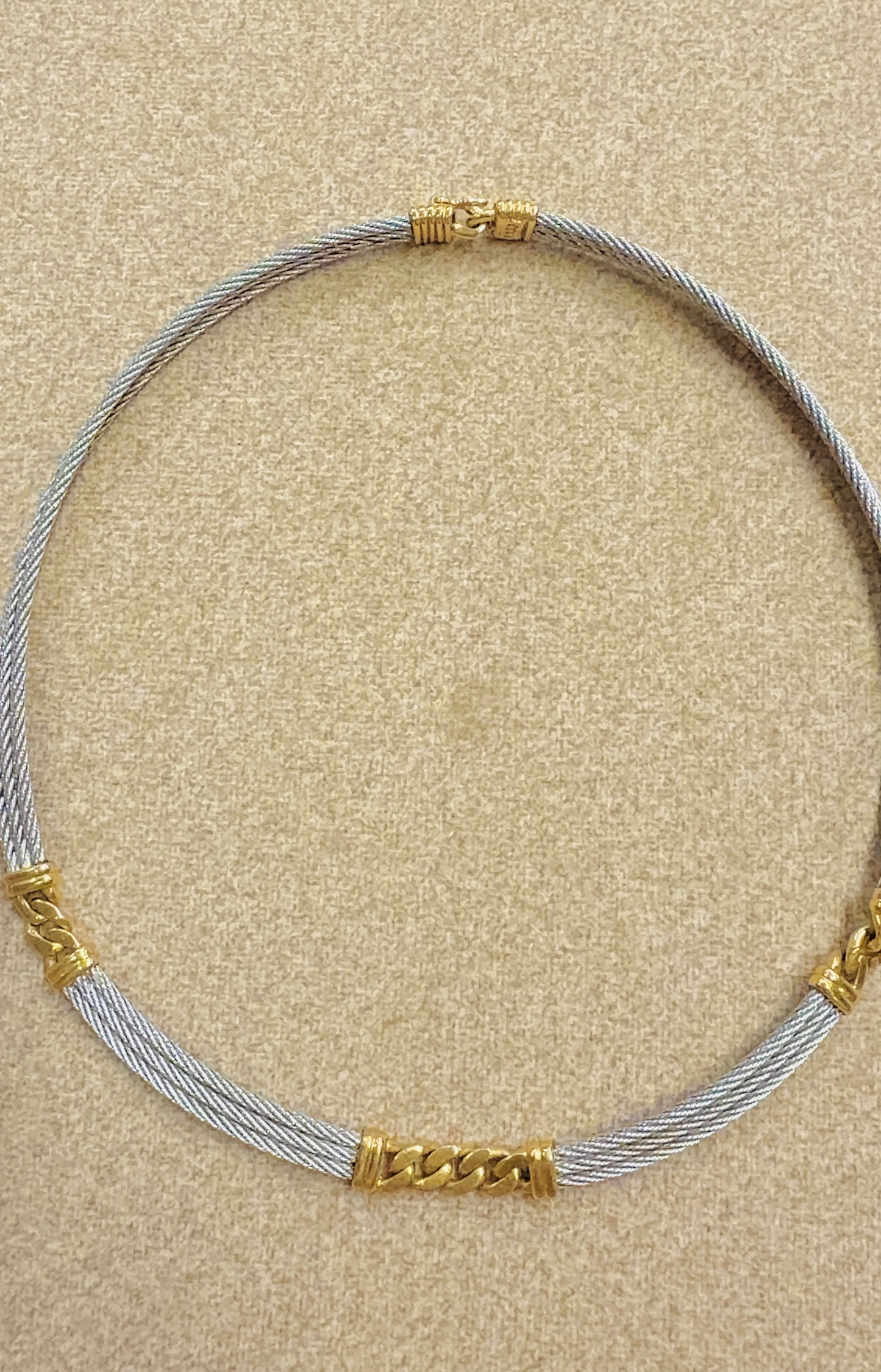 Vintage yellow 18K and steel Fred Paris designer Force 10 collar necklace, 14.5 inch