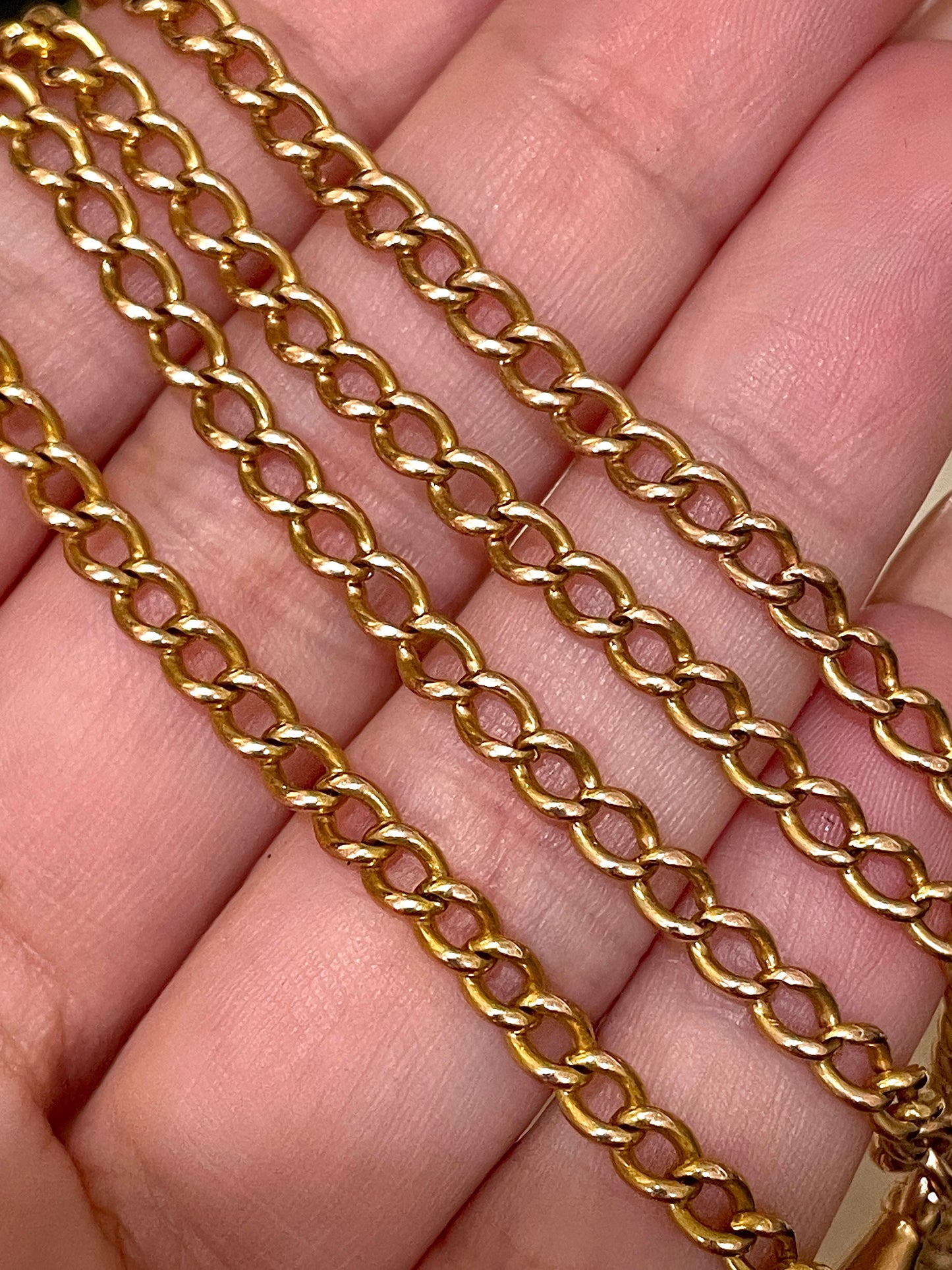 Antique rosy yellow 18K round link curb watch chain with dog clip, 20 inch
