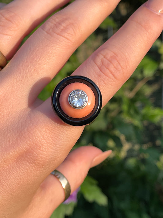 Vintage yellow 18K and platinum target ring with onyx, coral, and approx .8 ctw old European cut diamond, size 7.75