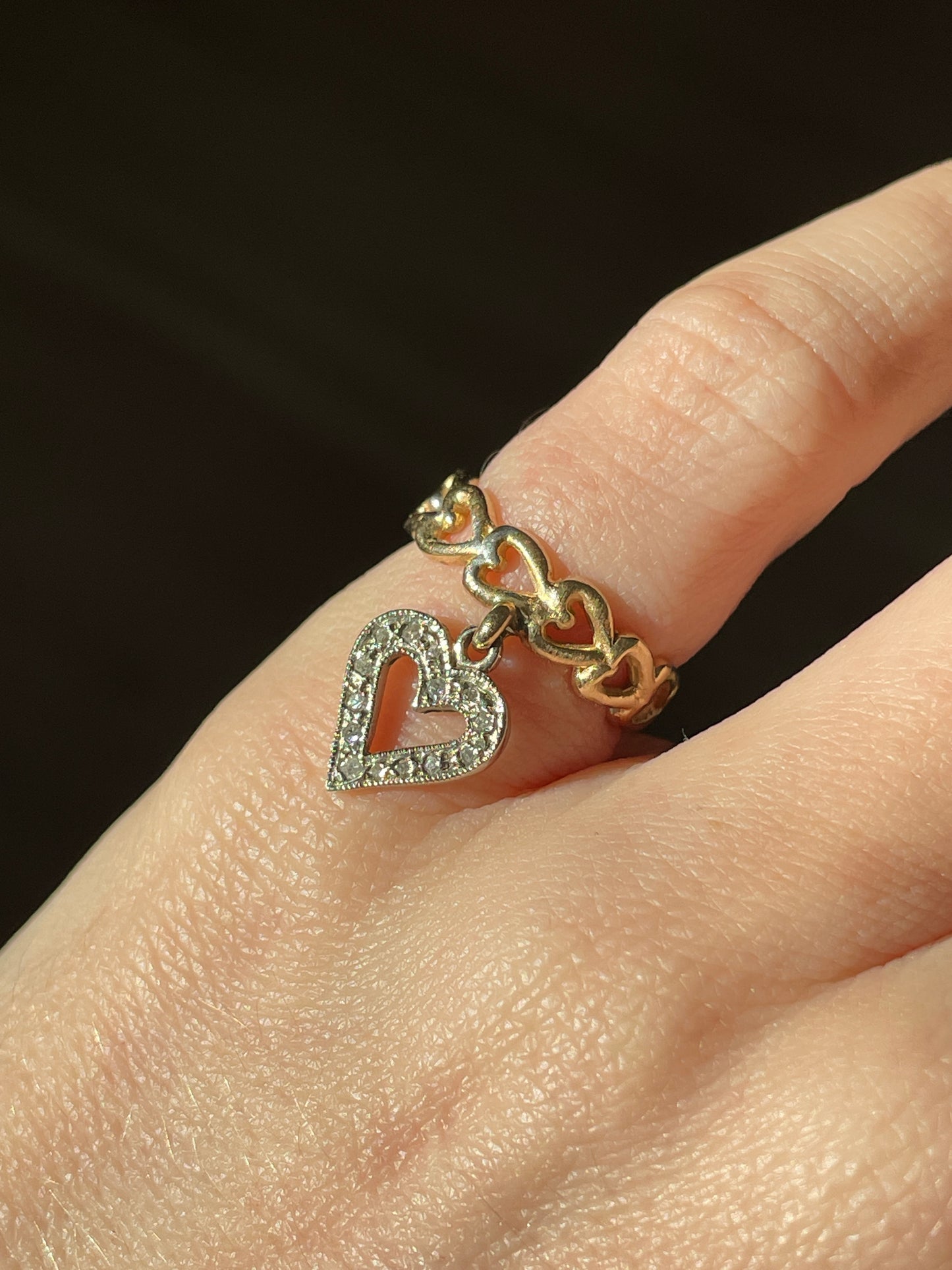 Vintage yellow and white 14K gold approx .14 ctw diamond heart charm ring, size 6.75