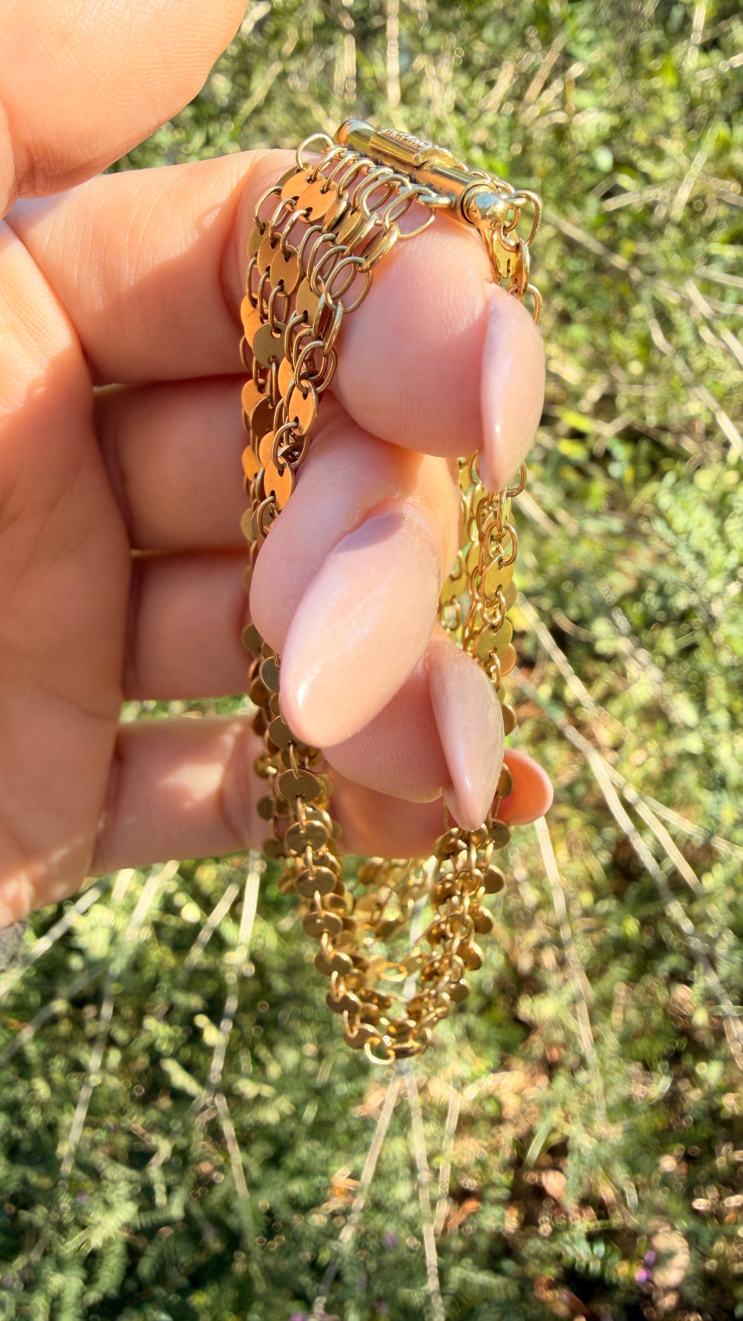 Vintage yellow 18K UnoAerre multi strand mariner link bracelet with slide clasp, 7.5 inch
