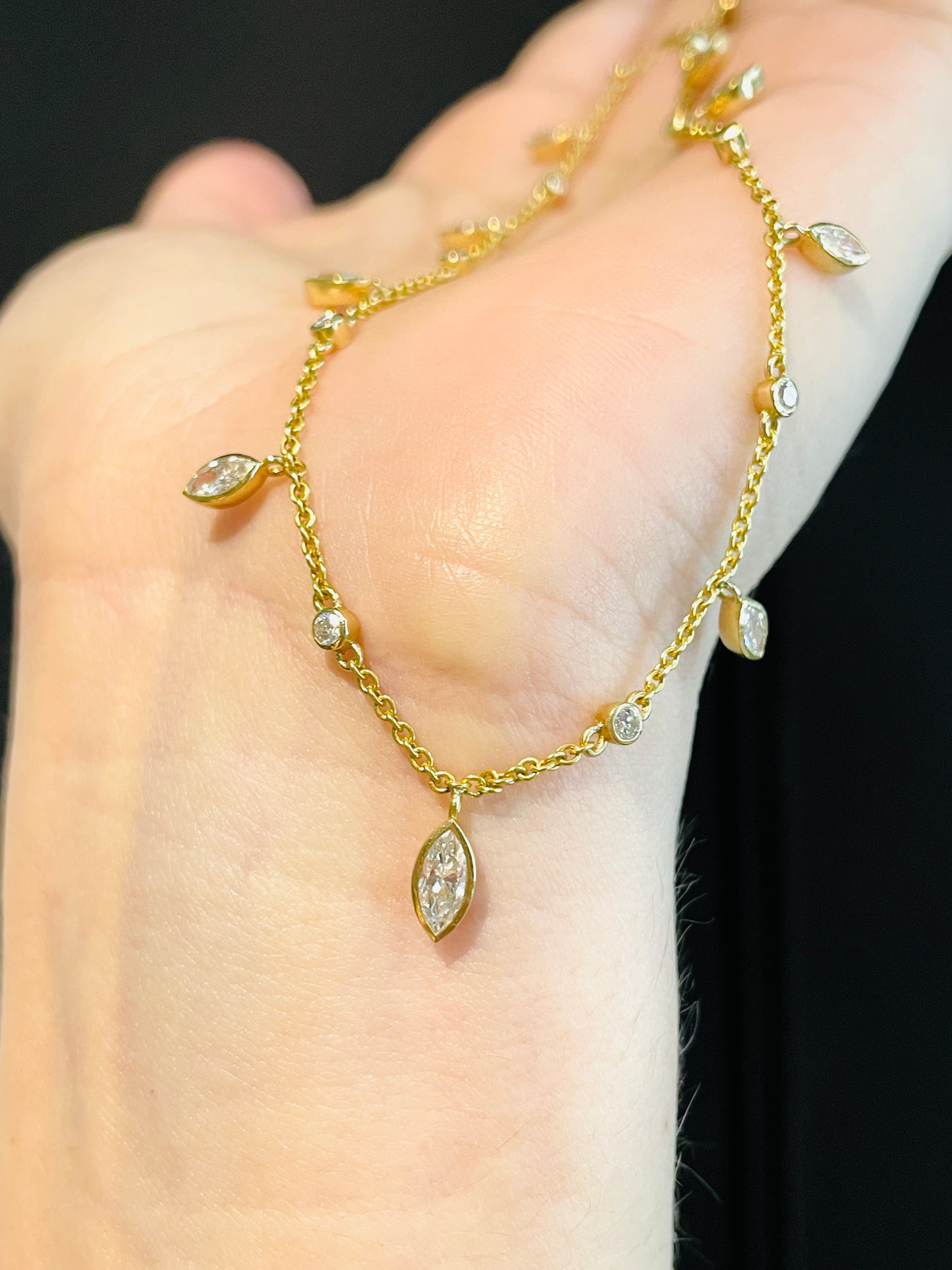 Vintage yellow 18K approx 2.77 ctw marquise and round cut bezel set diamond drop necklace, 25.5 inch adjusts to 24.5 inch
