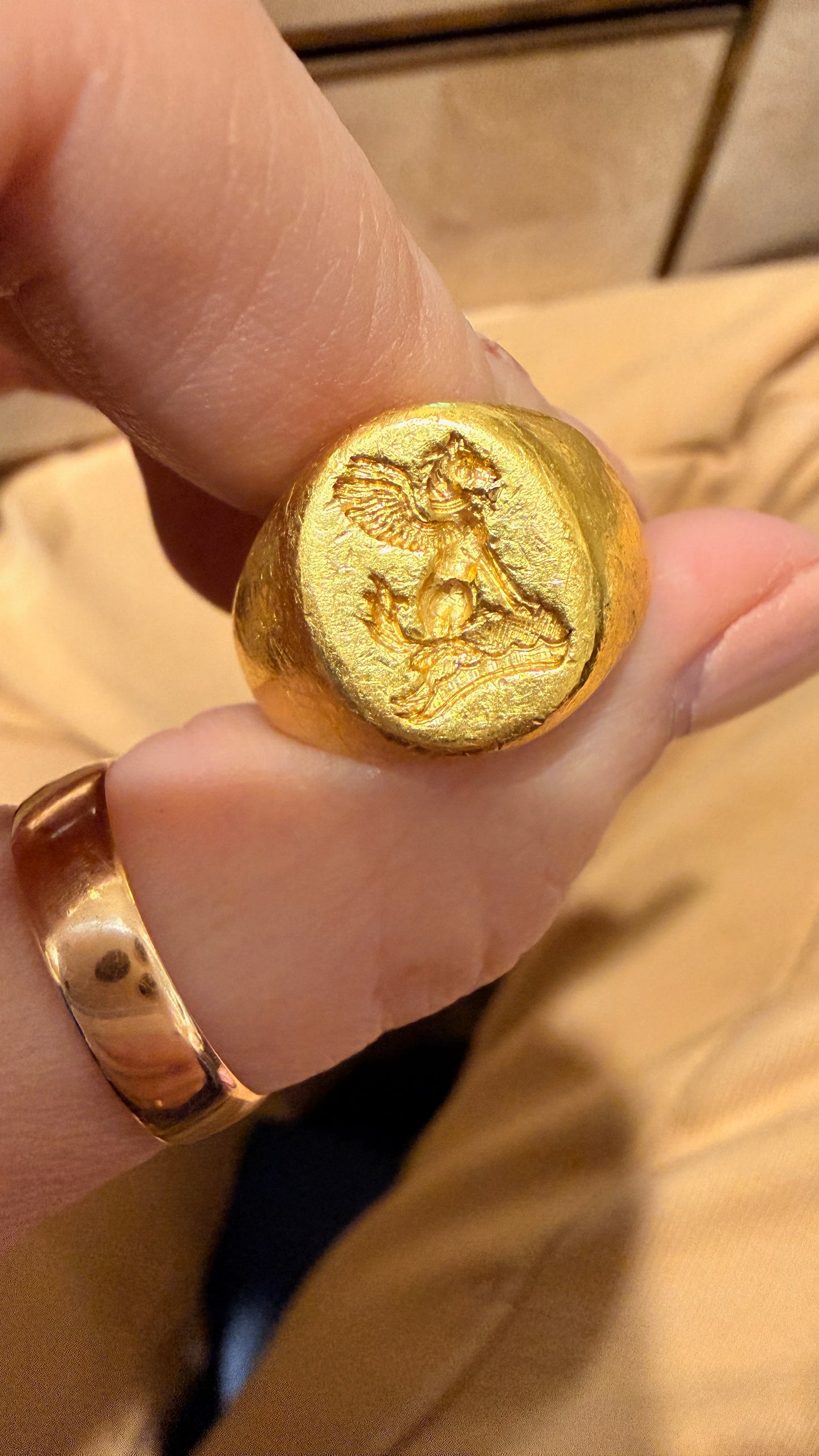 Vintage yellow 22K Griffin carved signet ring, size 6.25