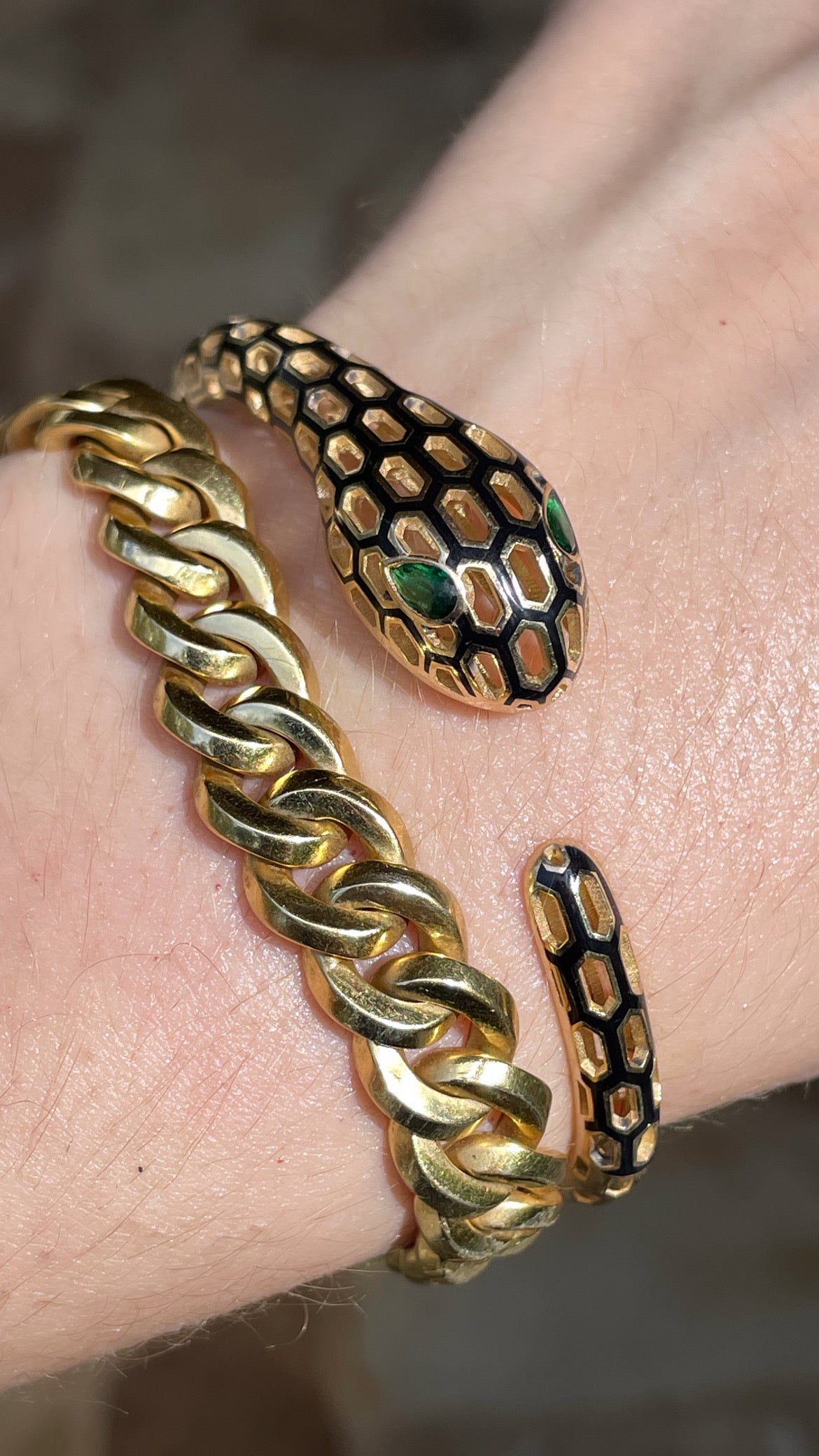Yellow 14K black enamel and emerald snake hinge bangle