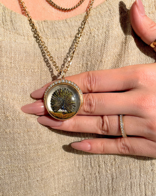 Amazing antique 18K reverse painted Peacock crystal with .7 ctw diamond crescent