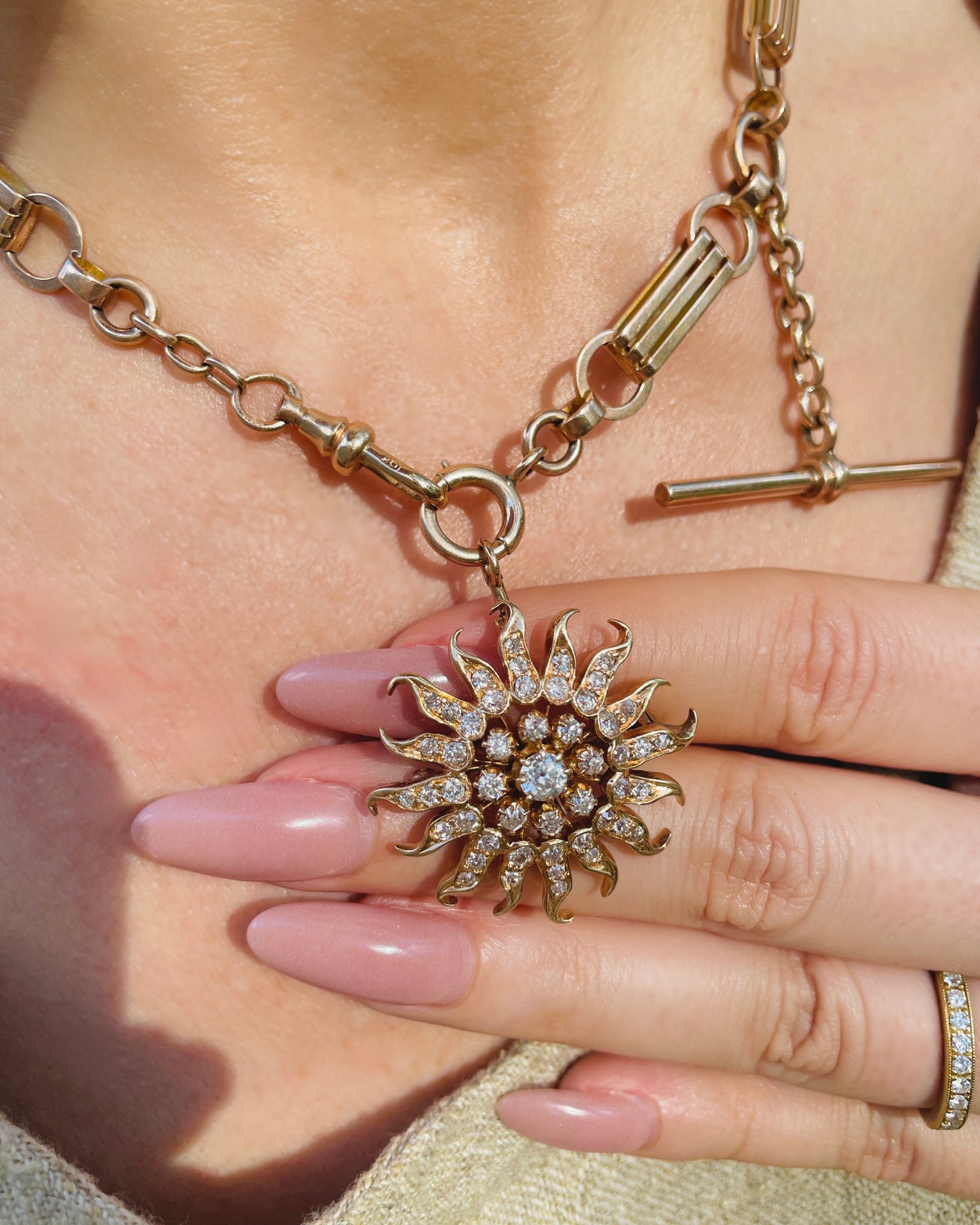 Antique rosy yellow 10K wide bar link watch chain, 16 inch