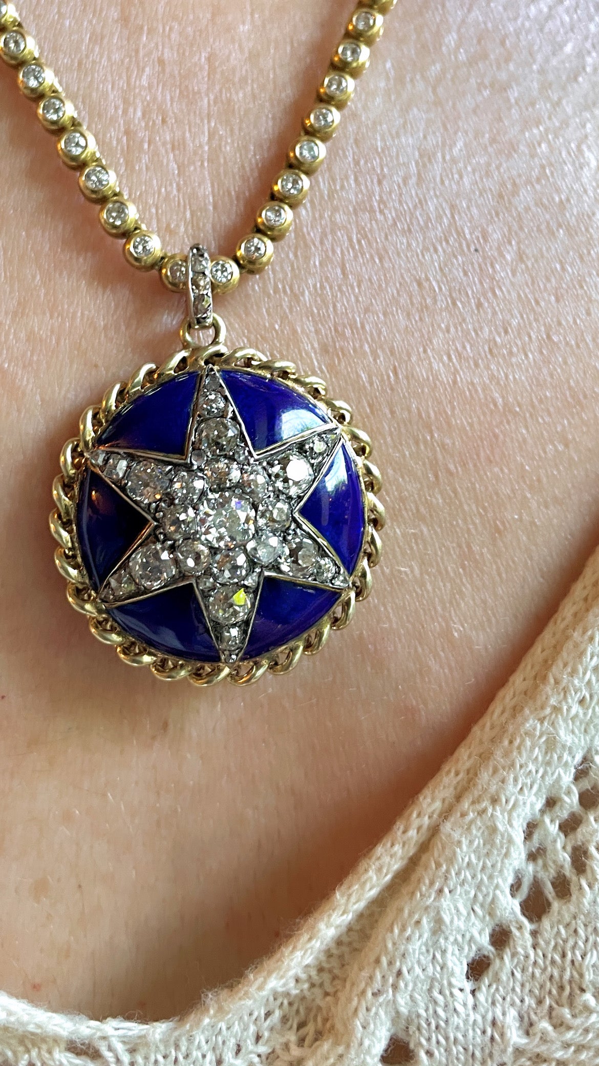 Antique yellow 14K approx over 4 ctw old mine cut and rose cut diamond blue enamel star statement pendant