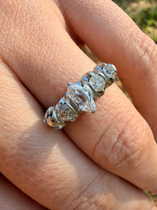 Antique platinum approx 1.1ctw moval diamond and old mine cut diamond 5 stone ring, size 5.5-5.75