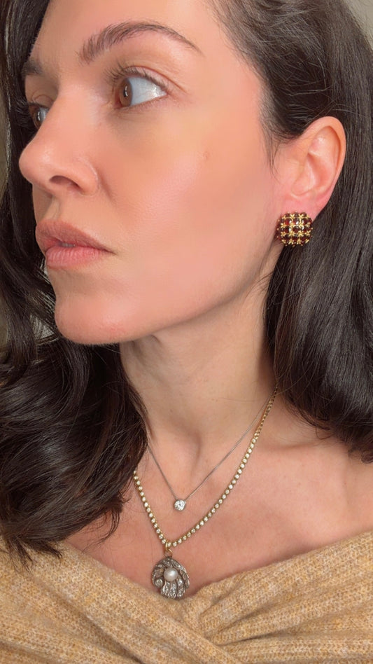 Vintage yellow 18K garnet checkerboard omega back earrings