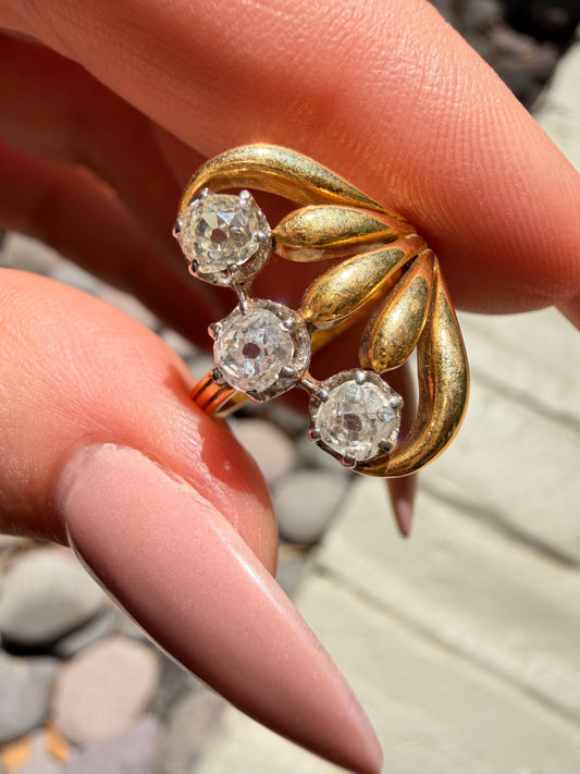 Vintage French yellow 18K approx .8ctw old mine cut diamond floral ring, size 6
