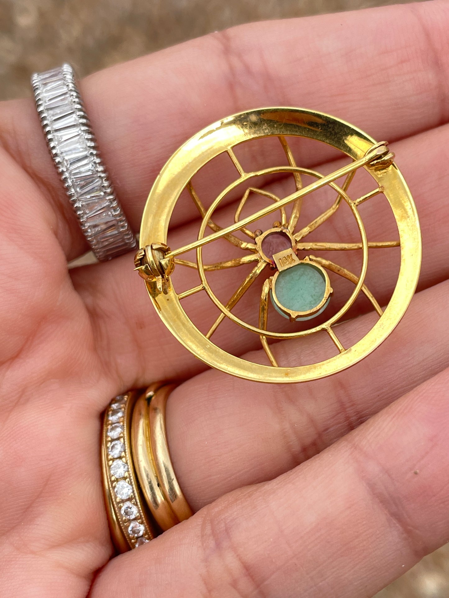 Vintage yellow 14K Spider with pink sapphire and jade pin with conversion to pendant