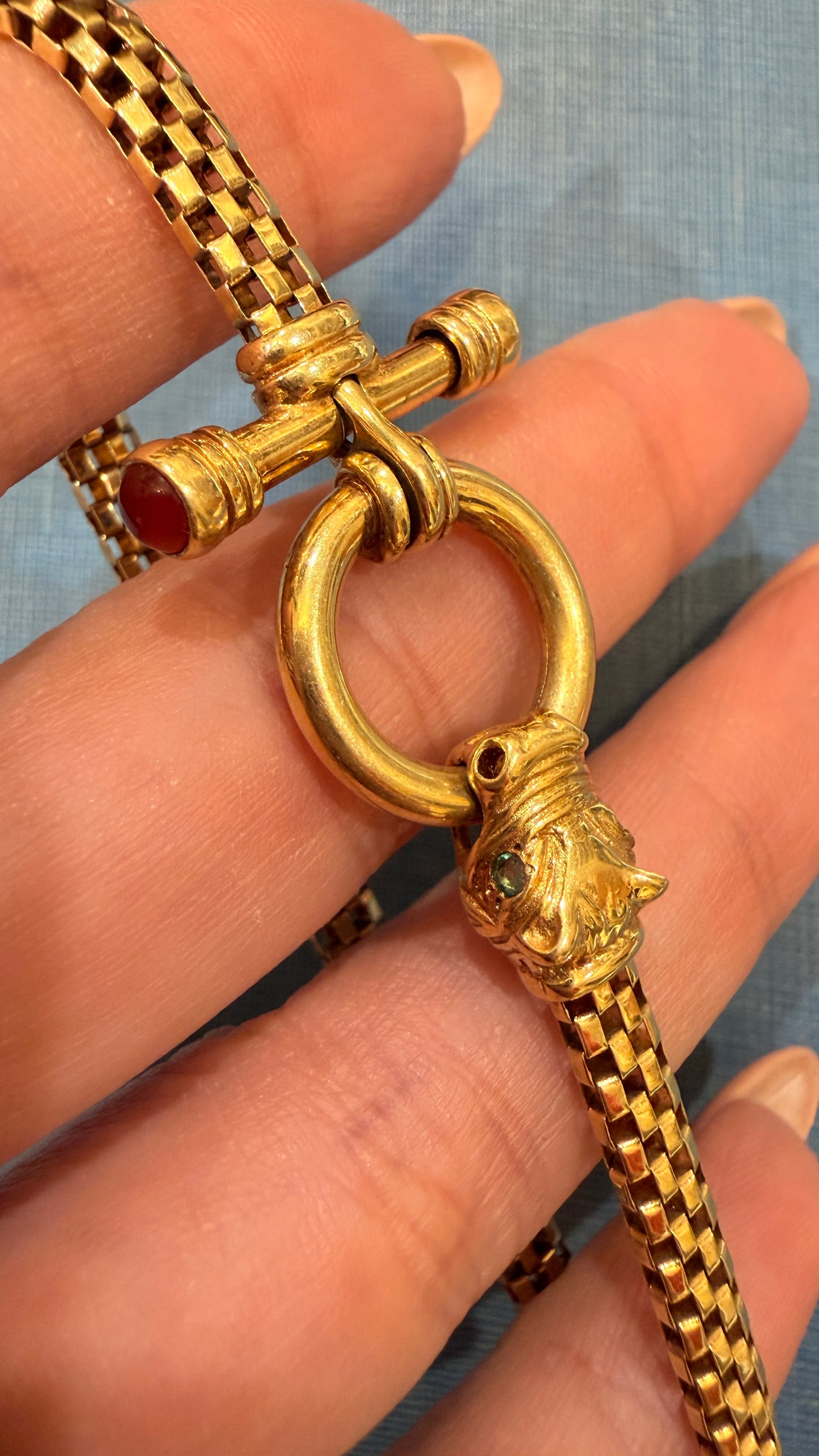 Vintage yellow 14K emerald eye dragon and red stone bar link bracelet, 7 and 1/8 inch