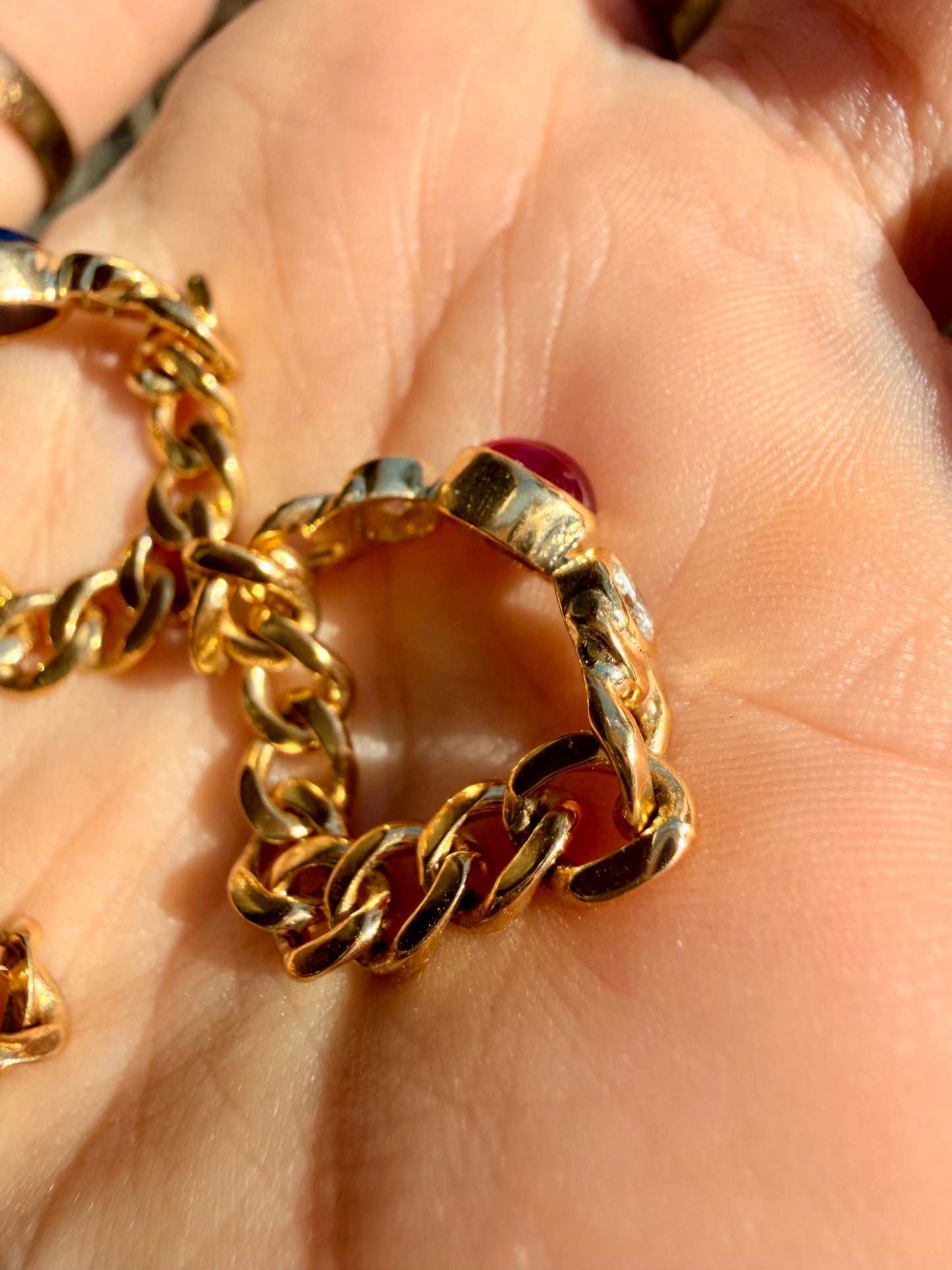 Vintage yellow 18K solid curb chain ring with .3ctw natural Emerald cabochon and .3ctw diamonds