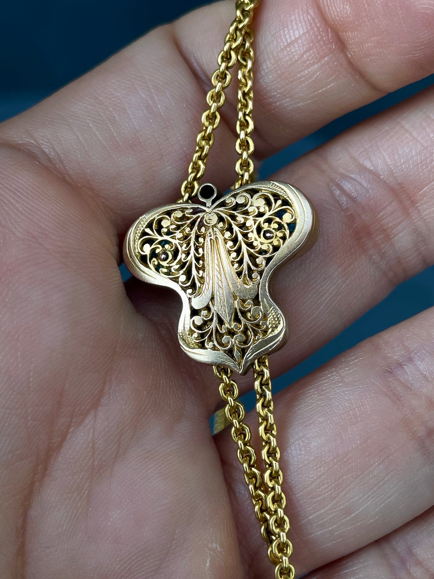 Antique 22K Art Nouveau longguard chain with 14K blue enamel butterfly slider with old mine cut diamonds, rose cut diamonds and pearl, with dog clip and bolt, 72 inch