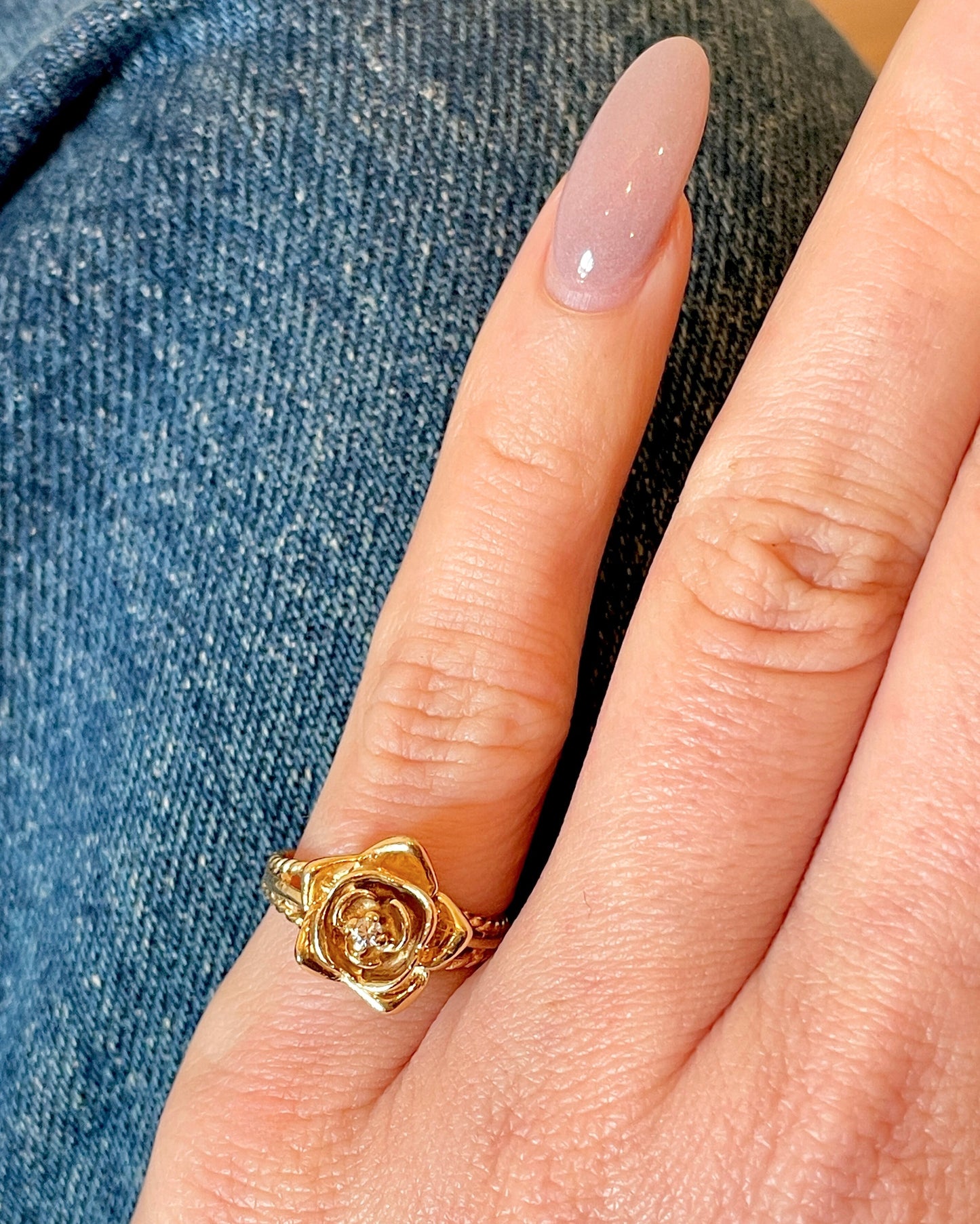 Vintage yellow 14K gold diamond rose ring, size 5