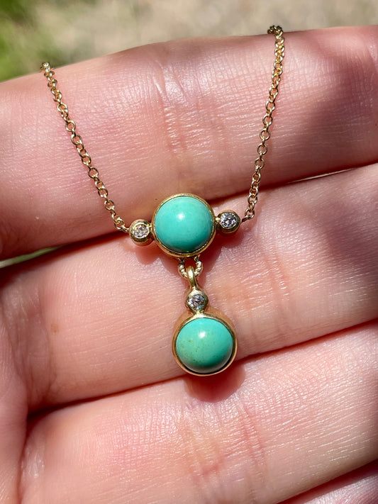 Vintage yellow 14K approx .054 diamond and turquoise bezel set drop necklace, 17.25 inch