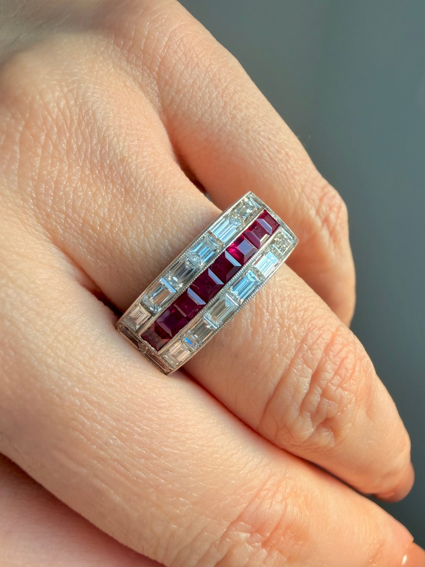 Vintage platinum approx 1.7 ctw baguette diamond and 1.1 ctw ruby ring, size 6.5