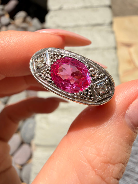 Vintage 10K pink sapphire ring with diamonds