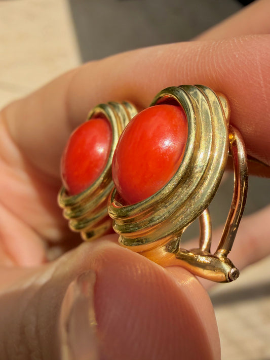 Vintage 18K natural red coral omega back earrings with ribbed details