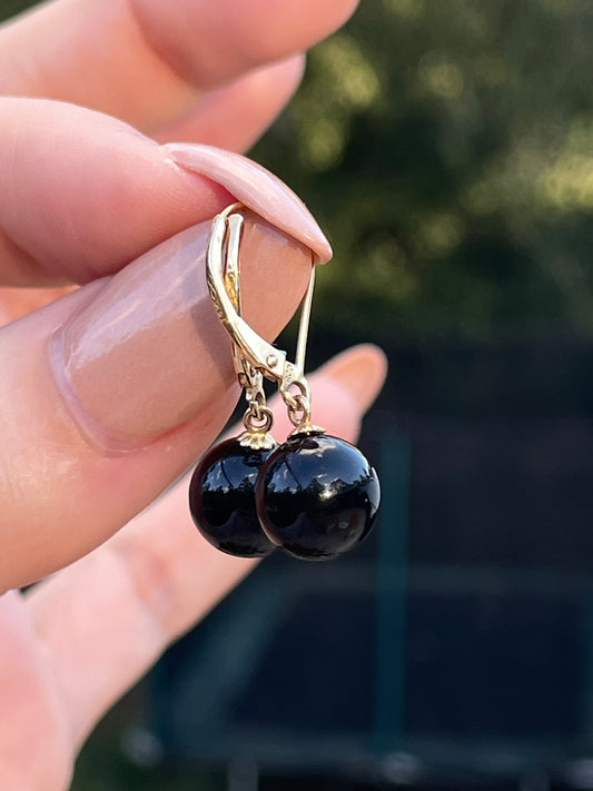 Vintage yellow 14K onyx ball leverback dangle earrings