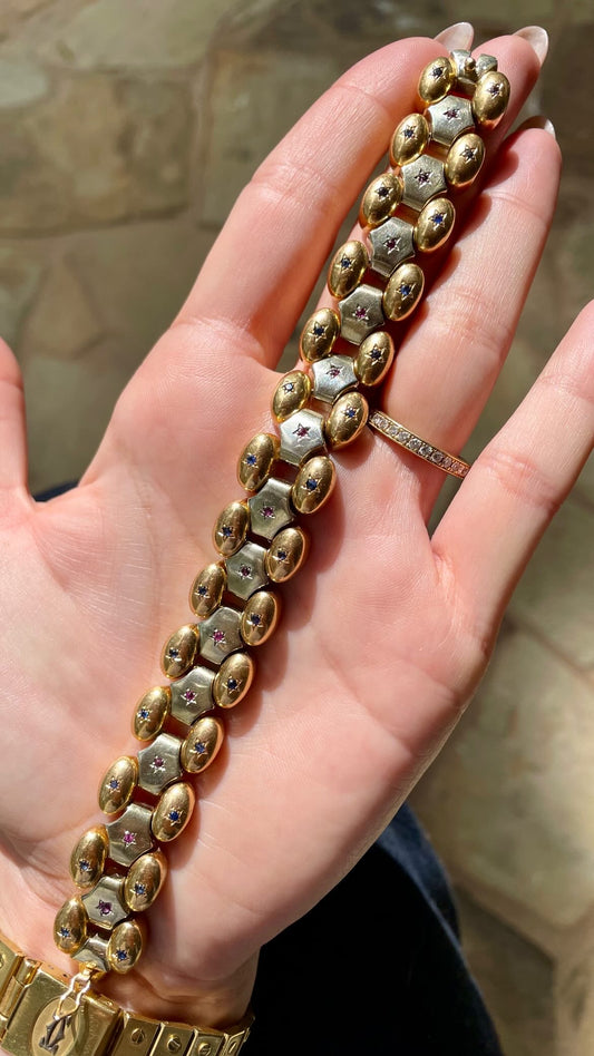 Vintage two tone 18K gold star set gemstone bracelet, 6.75 inch