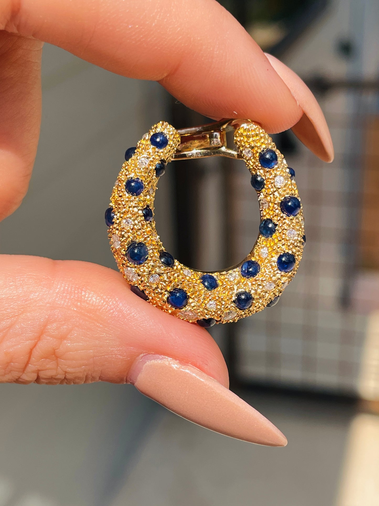 Vintage 18K textured bypass hoops with 3ctw cabochon sapphires and .75 ctw diamonds