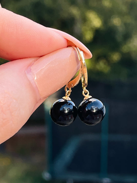 Vintage yellow 14K onyx ball leverback dangle earrings