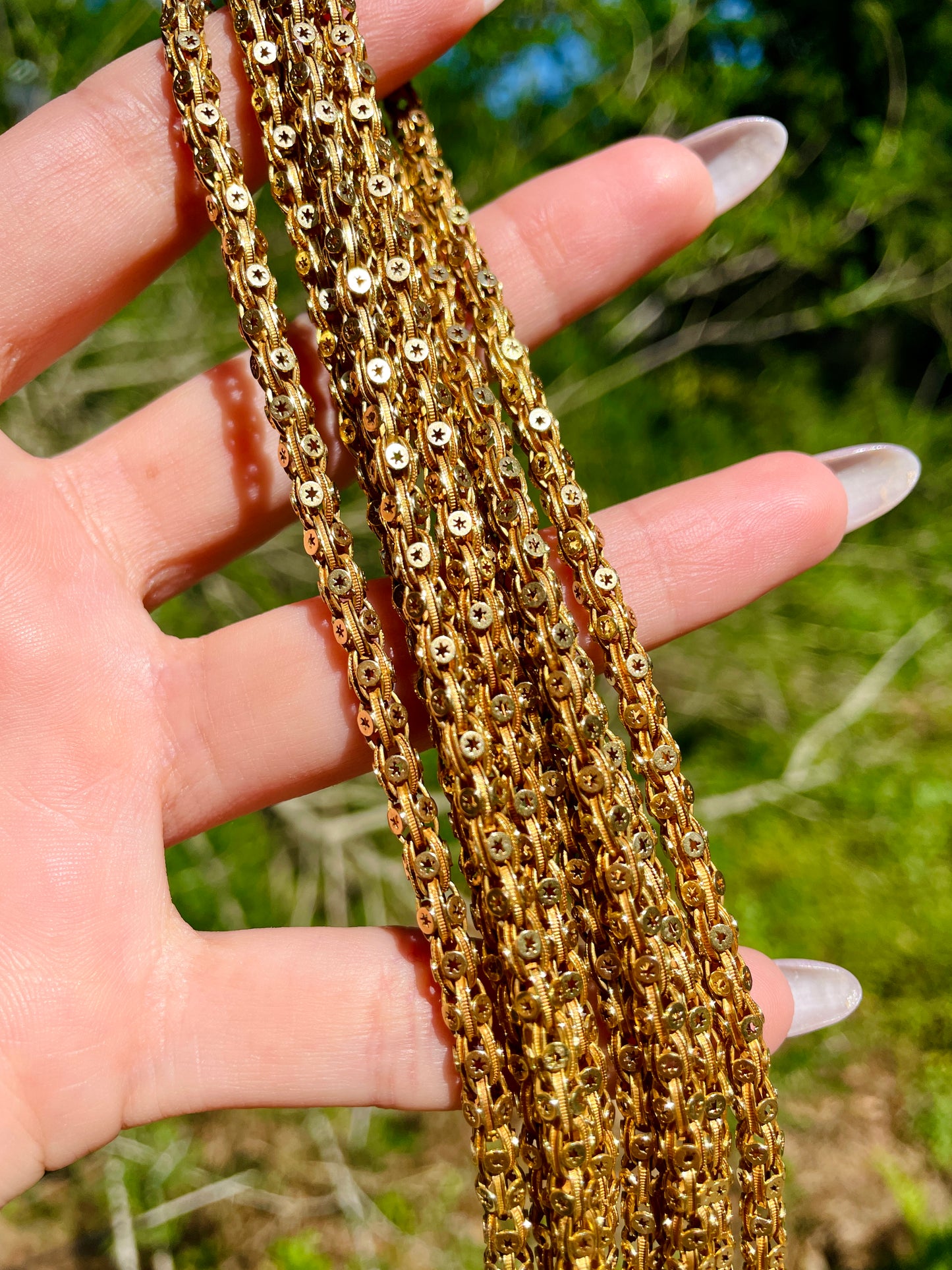 Rare Antique yellow 18K gold star cut longguard chain, 74.5 inch