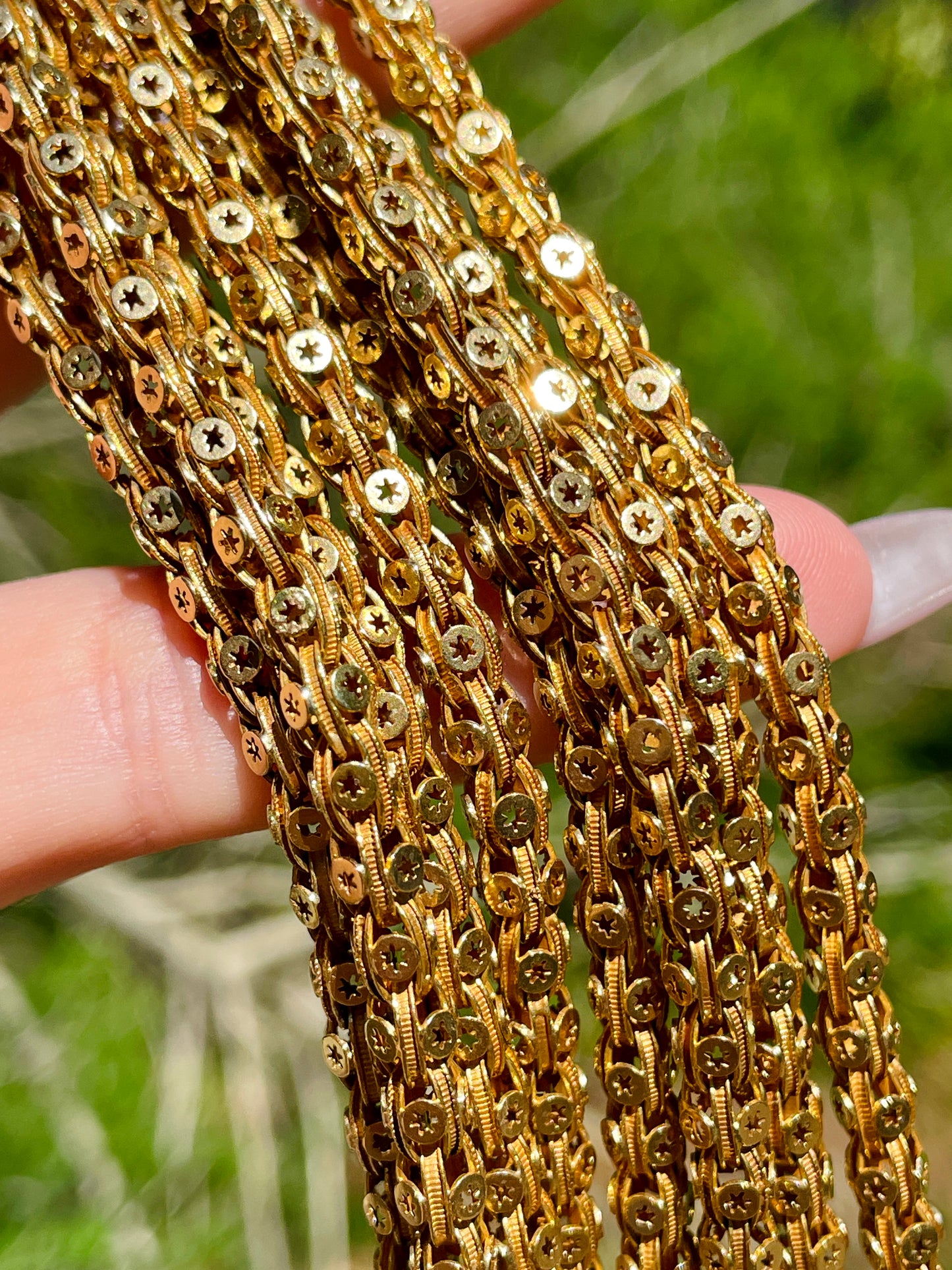 Rare Antique yellow 18K gold star cut longguard chain, 74.5 inch