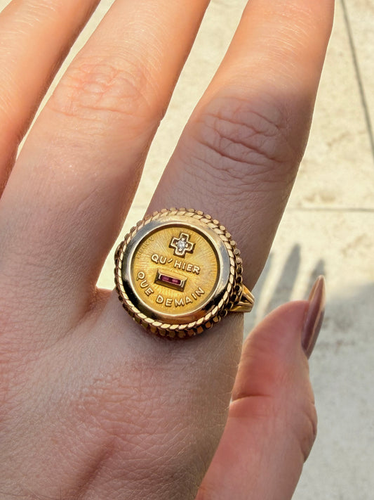 Vintage 18K diamond and ruby Augis French "QU' HIER QUE DEMAIN" ring, size 7.5 sizable