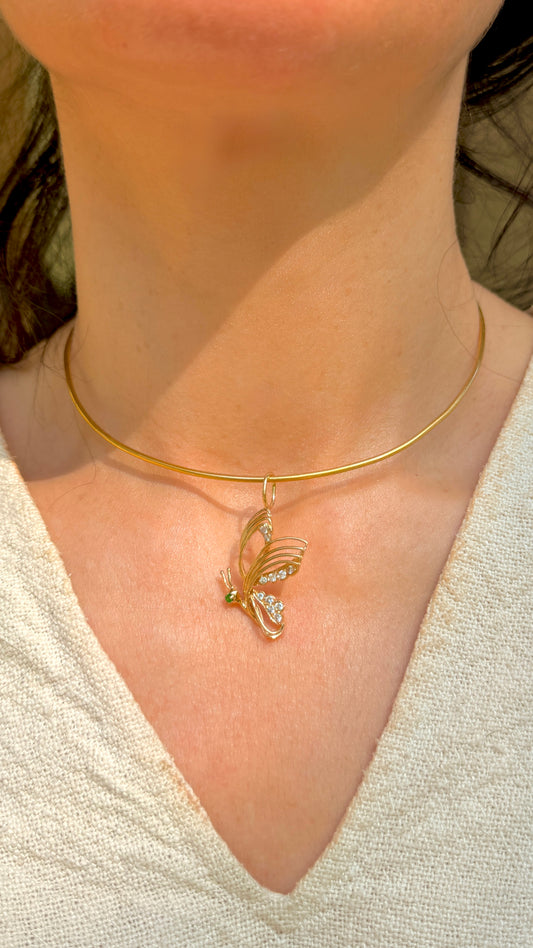 Vintage yellow 14K butterfly pendant with .2ctw diamond and emerald