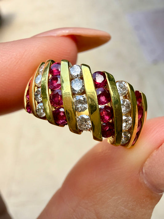 Vintage yellow 14K approx .64ctw ruby and .36ctw diamond wide band, size 6