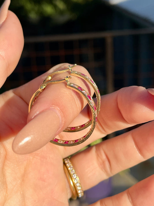 Vintage yellow 14K hoops with synthetic stones