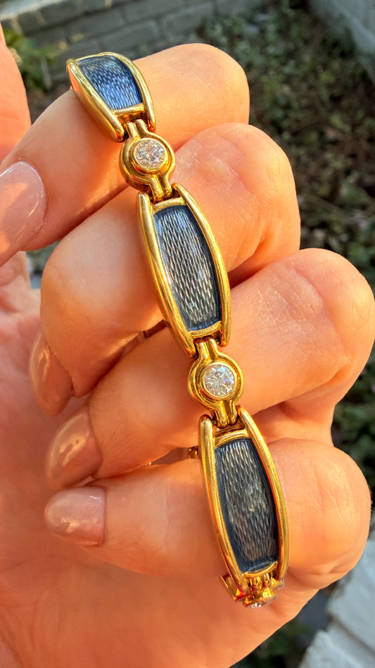Vintage yellow 18K approx 1.5 ctw diamond and blue enamel link bracelet, 6.75 inch