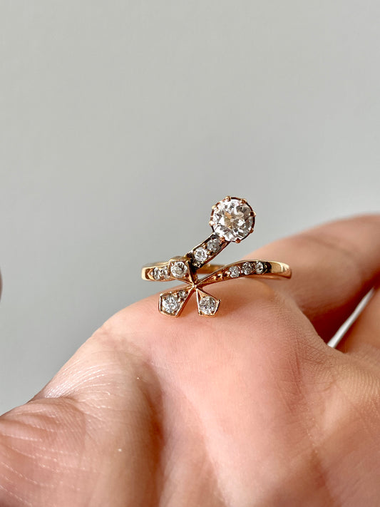 Antique yellow 14K approx .7 ctw OEC and old cut diamond trefoil ring, size 6.75