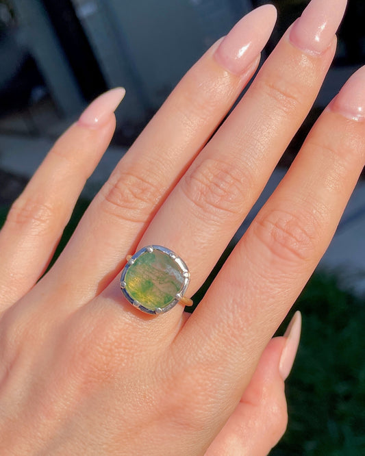Vintage yellow and white 14K moss agate ring, size 6.25