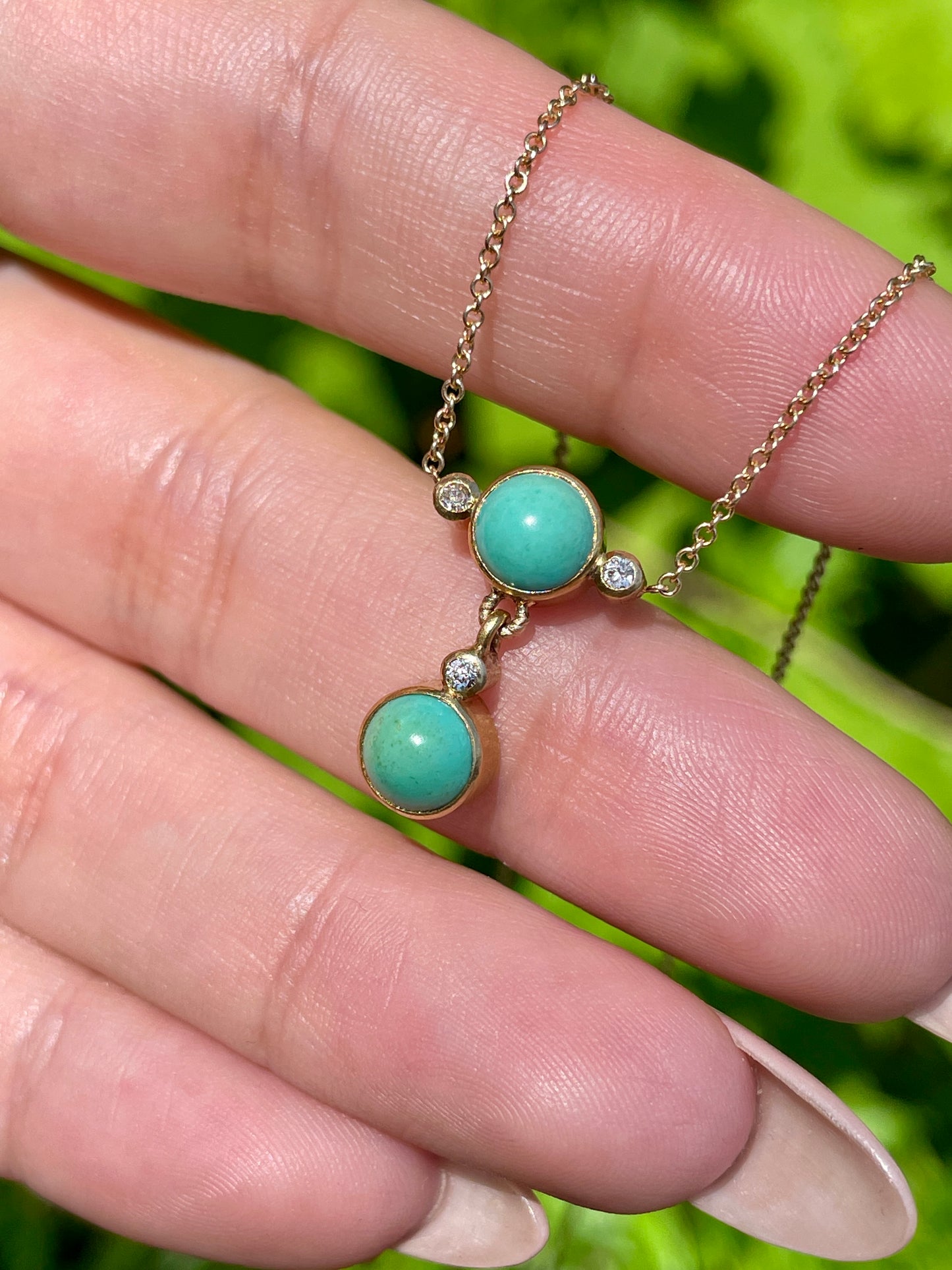 Vintage yellow 14K approx .054 diamond and turquoise bezel set drop necklace, 17.25 inch