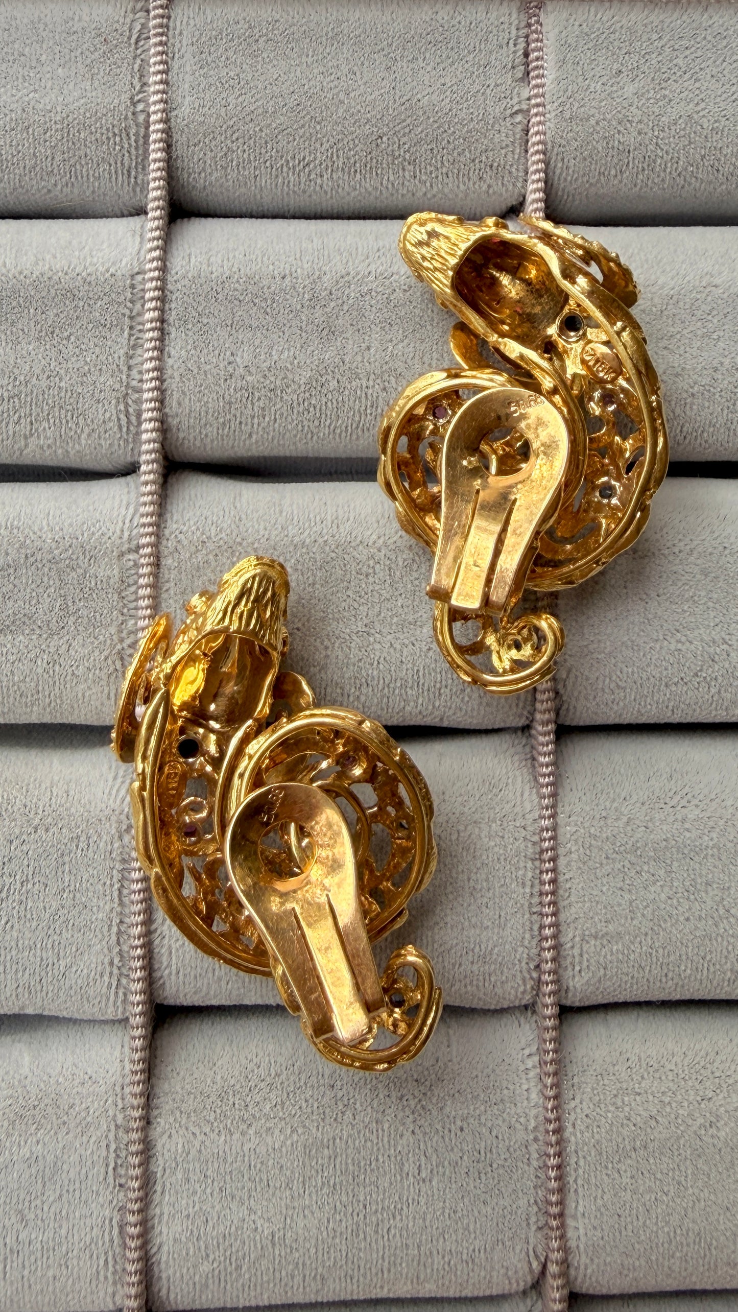 Vintage circa 1960s yellow 18K approx .6ctw sapphire and ruby ram clip statement earrings