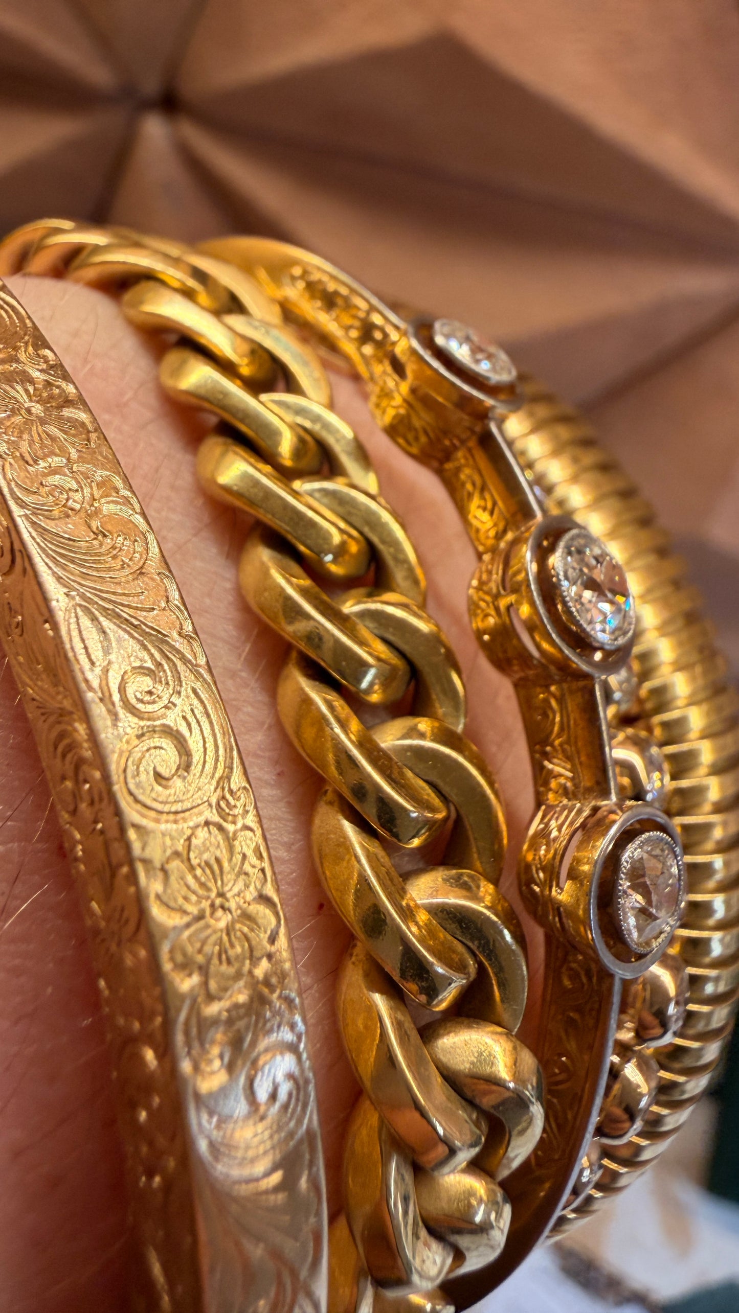 Antique yellow 14K and platinum 1.5ctw Old Mine Cut Diamond 3 stone bangle, 7 inch