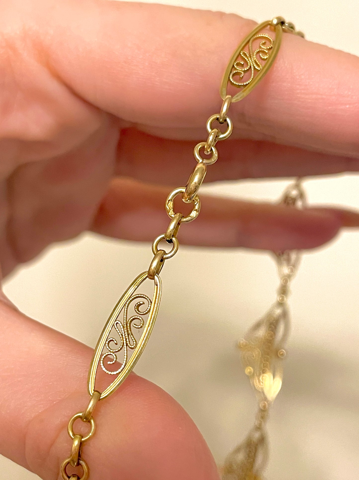 Antique yellow 18K French ornate scrolled link collar necklace, 15.5 inch
